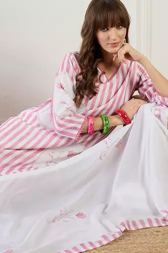 Striped Straight Kurta With Trouser & Dupatta