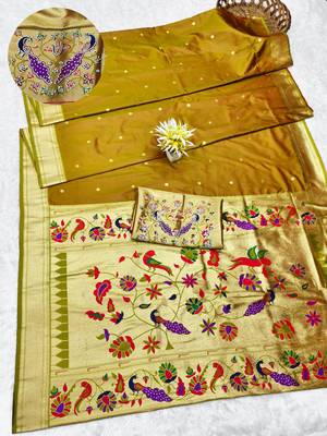 gold zari woven paithani silk blend traditional saree with swarovski blouse piece 1