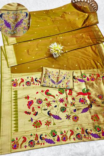 gold zari woven paithani silk blend traditional saree with swarovski blouse piece