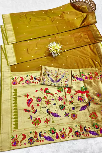 gold zari woven paithani silk blend traditional saree with swarovski blouse piece