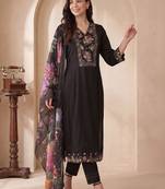 Women Floral Embroidered Regular Thread Work Liva Kurta with Trousers & With Dupatta