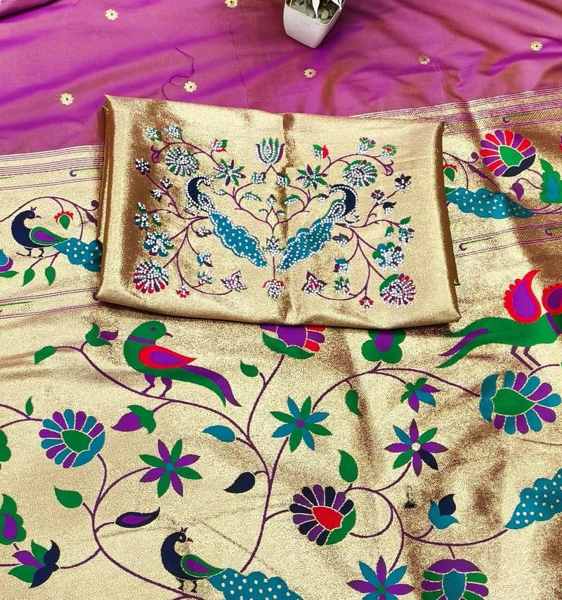 gajri zari woven paithani silk blend traditional saree with swarovski blouse piece