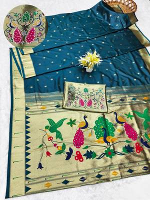 firozi zari woven paithani silk blend traditional saree with swarovski blouse piece 1