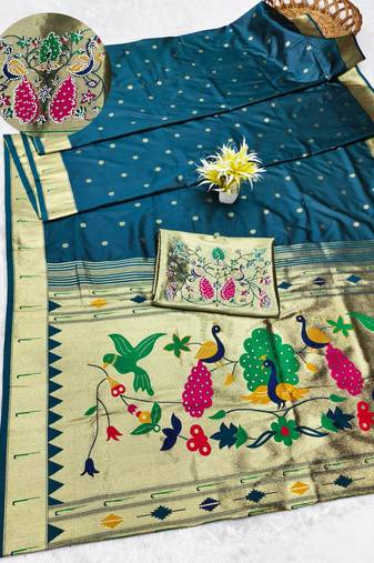 firozi zari woven paithani silk blend traditional saree with swarovski blouse piece