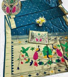 firozi zari woven paithani silk blend traditional saree with swarovski blouse piece