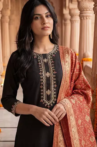 Women Embroidered Regular Sequinned Kurta with Trousers & With Dupatta