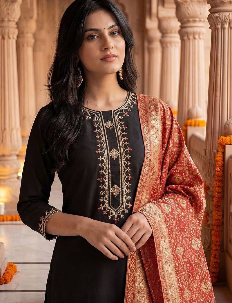 Women Embroidered Regular Sequinned Kurta with Trousers & With Dupatta