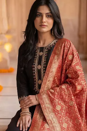 Women Embroidered Regular Sequinned Kurta with Trousers & With Dupatta