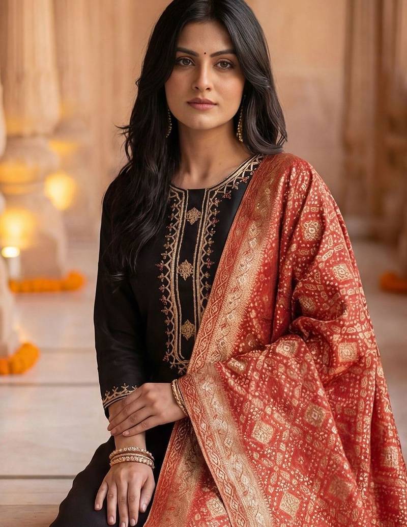 Women Embroidered Regular Sequinned Kurta with Trousers & With Dupatta