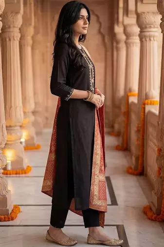 Women Embroidered Regular Sequinned Kurta with Trousers & With Dupatta