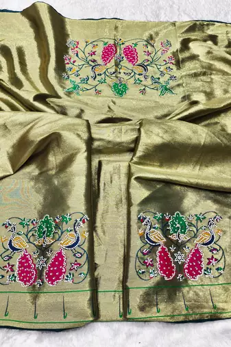 firozi zari woven paithani silk blend traditional saree with swarovski blouse piece