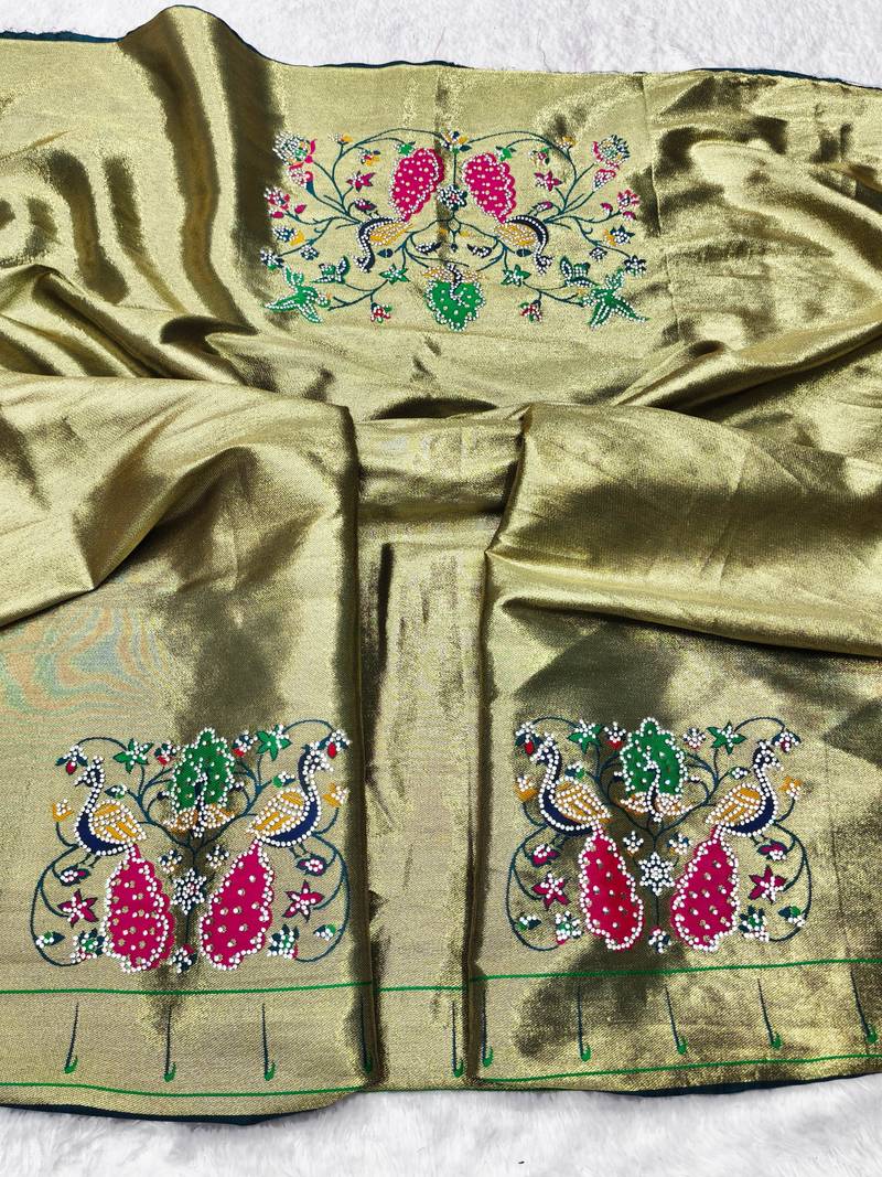firozi zari woven paithani silk blend traditional saree with swarovski blouse piece