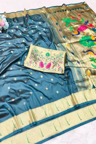 firozi zari woven paithani silk blend traditional saree with swarovski blouse piece