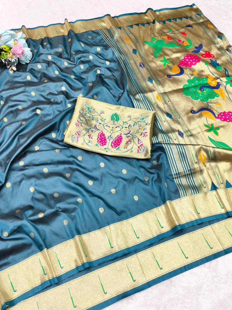 firozi zari woven paithani silk blend traditional saree with swarovski blouse piece