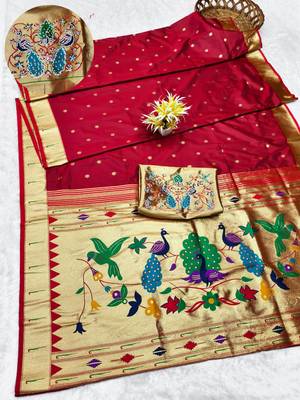 maroon zari woven paithani silk blend traditional saree with swarovski blouse piece 1