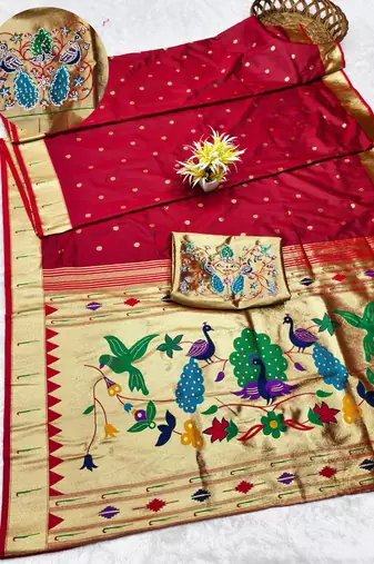 maroon zari woven paithani silk blend traditional saree with swarovski blouse piece