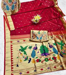 maroon zari woven paithani silk blend traditional saree with swarovski blouse piece