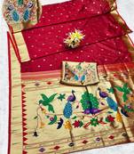 maroon zari woven paithani silk blend traditional saree with swarovski blouse piece