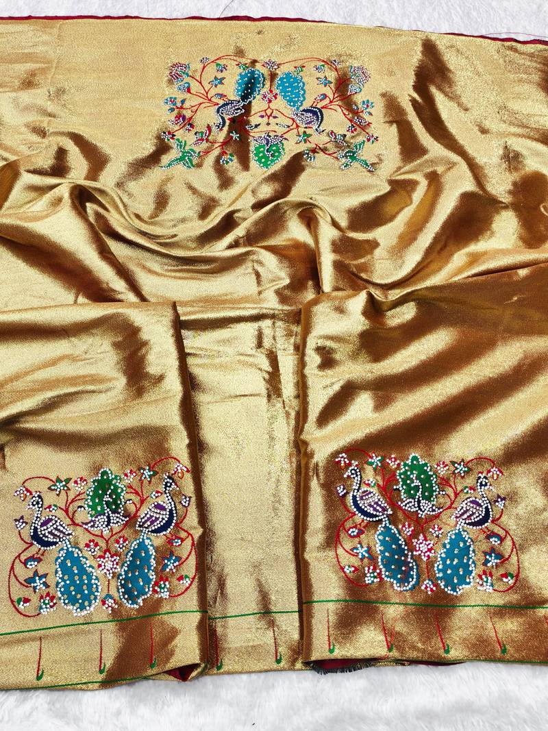 maroon zari woven paithani silk blend traditional saree with swarovski blouse piece