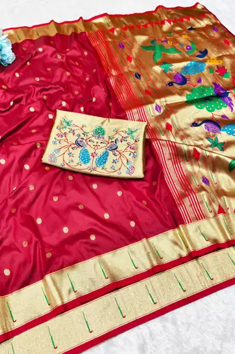 maroon zari woven paithani silk blend traditional saree with swarovski blouse piece