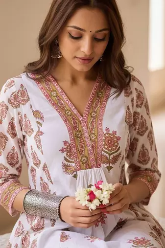 Ethnic Motifs Printed Anarkali Pure Cotton Kurta With Trouser