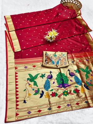 maroon zari woven paithani silk blend traditional saree with swarovski blouse piece 5