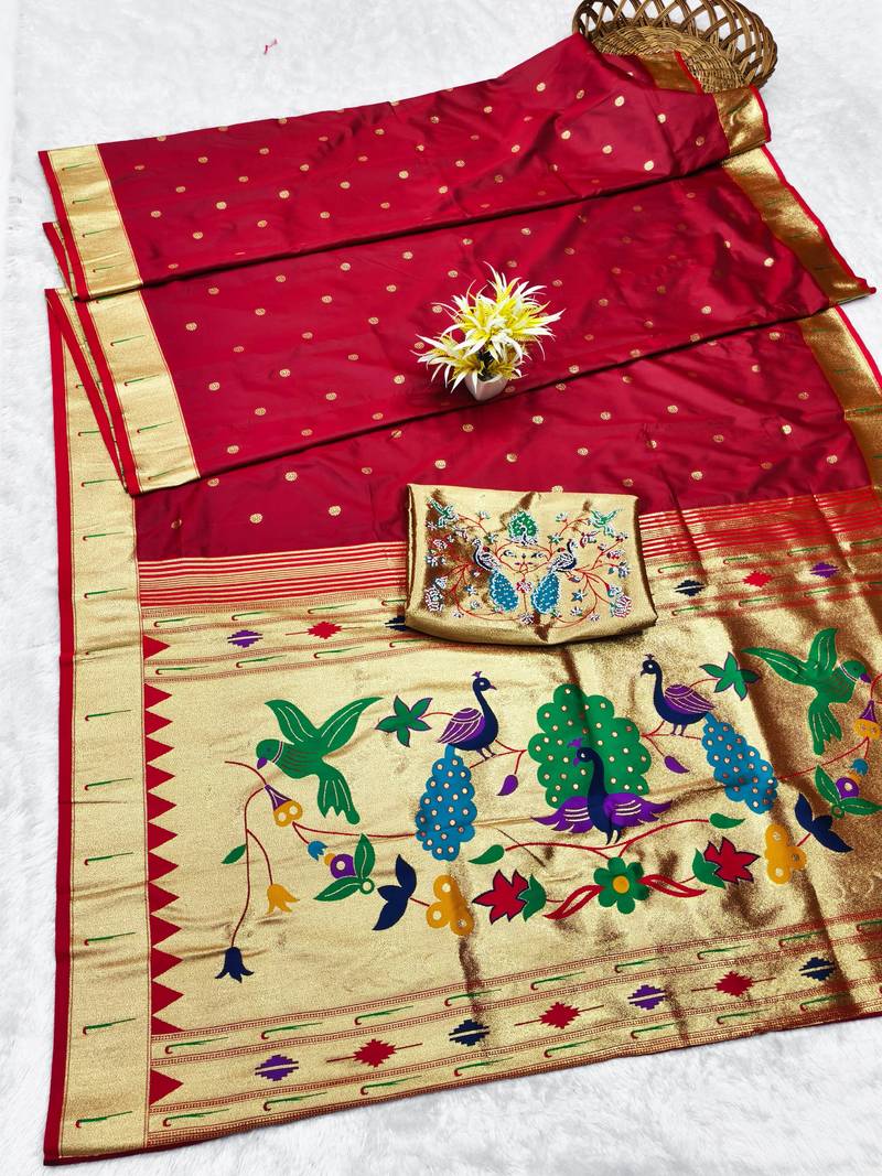 maroon zari woven paithani silk blend traditional saree with swarovski blouse piece