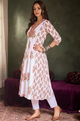 Ethnic Motifs Printed Anarkali Pure Cotton Kurta With Trouser