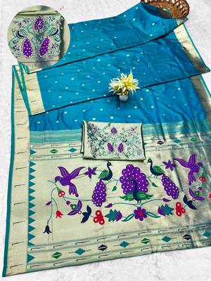 rama zari woven paithani silk blend traditional saree with swarovski blouse piece 1