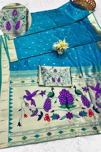 rama zari woven paithani silk blend traditional saree with swarovski blouse piece