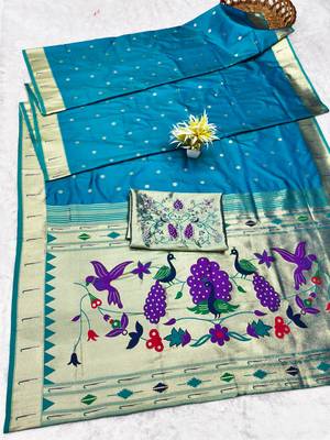 rama zari woven paithani silk blend traditional saree with swarovski blouse piece 5
