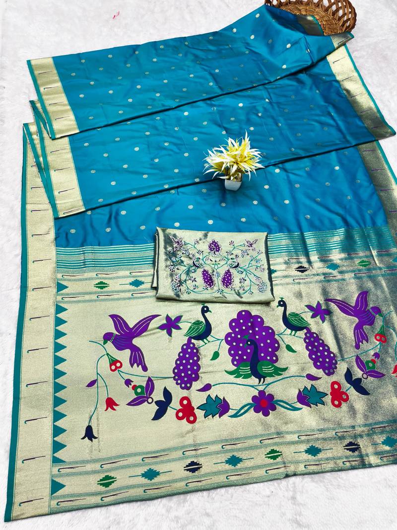 rama zari woven paithani silk blend traditional saree with swarovski blouse piece