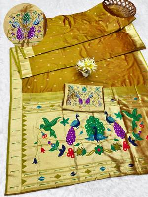 gold zari woven paithani silk blend traditional saree with swarovski blouse piece 1