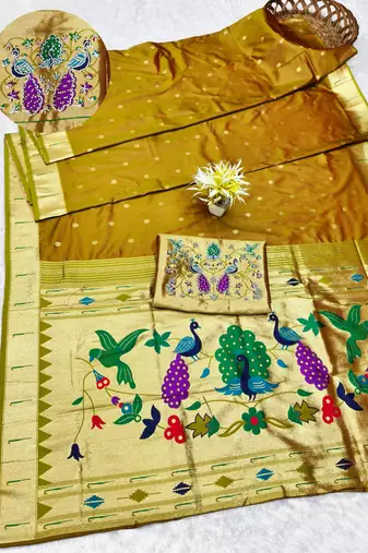 gold zari woven paithani silk blend traditional saree with swarovski blouse piece