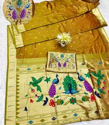gold zari woven paithani silk blend traditional saree with swarovski blouse piece