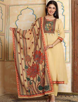 Women Ethnic Motifs Printed Regular Thread Work Pure Cotton Kurta with Trousers & With Dupatta 5