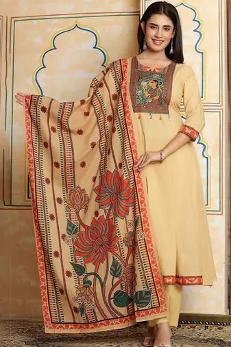 Women Ethnic Motifs Printed Regular Thread Work Pure Cotton Kurta with Trousers & With Dupatta