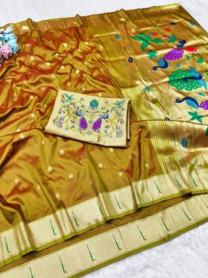 gold zari woven paithani silk blend traditional saree with swarovski blouse piece 4