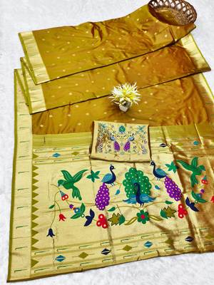 gold zari woven paithani silk blend traditional saree with swarovski blouse piece 5