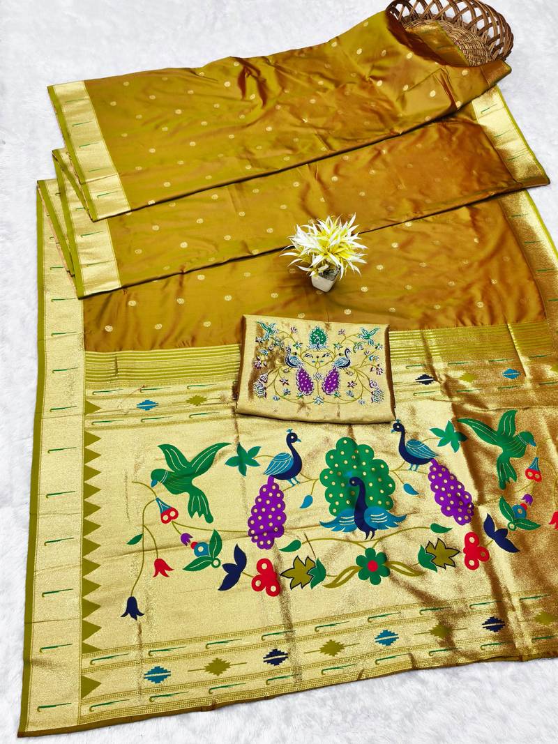 gold zari woven paithani silk blend traditional saree with swarovski blouse piece
