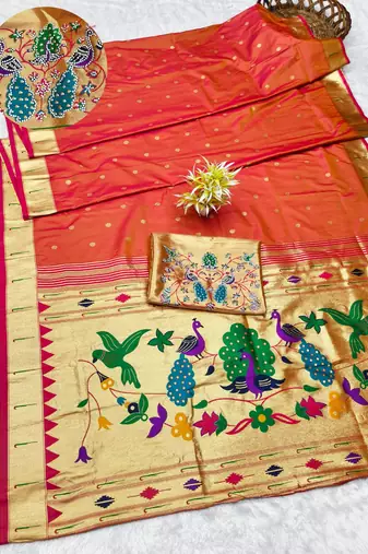 gajri zari woven paithani silk blend traditional saree with swarovski blouse piece