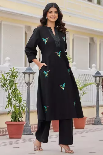 Women Animal Embroidered Regular Thread Work Pure Cotton Kurta with Palazzos