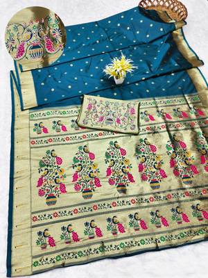 firozi zari woven paithani silk blend traditional saree with swarovski blouse piece 1