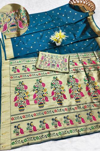 firozi zari woven paithani silk blend traditional saree with swarovski blouse piece