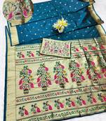 firozi zari woven paithani silk blend traditional saree with swarovski blouse piece