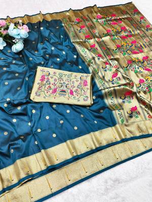 firozi zari woven paithani silk blend traditional saree with swarovski blouse piece 4