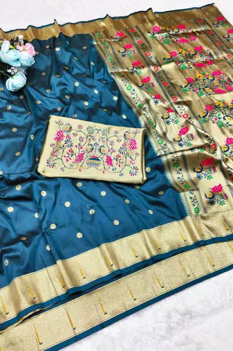 firozi zari woven paithani silk blend traditional saree with swarovski blouse piece
