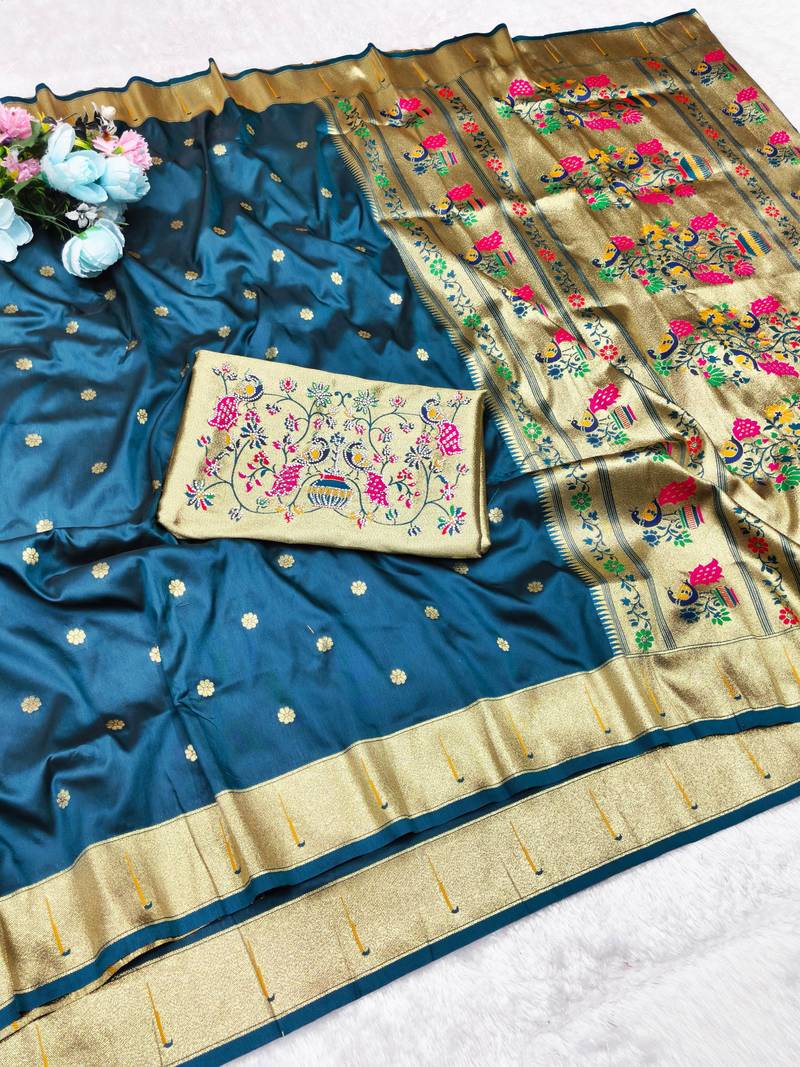 firozi zari woven paithani silk blend traditional saree with swarovski blouse piece