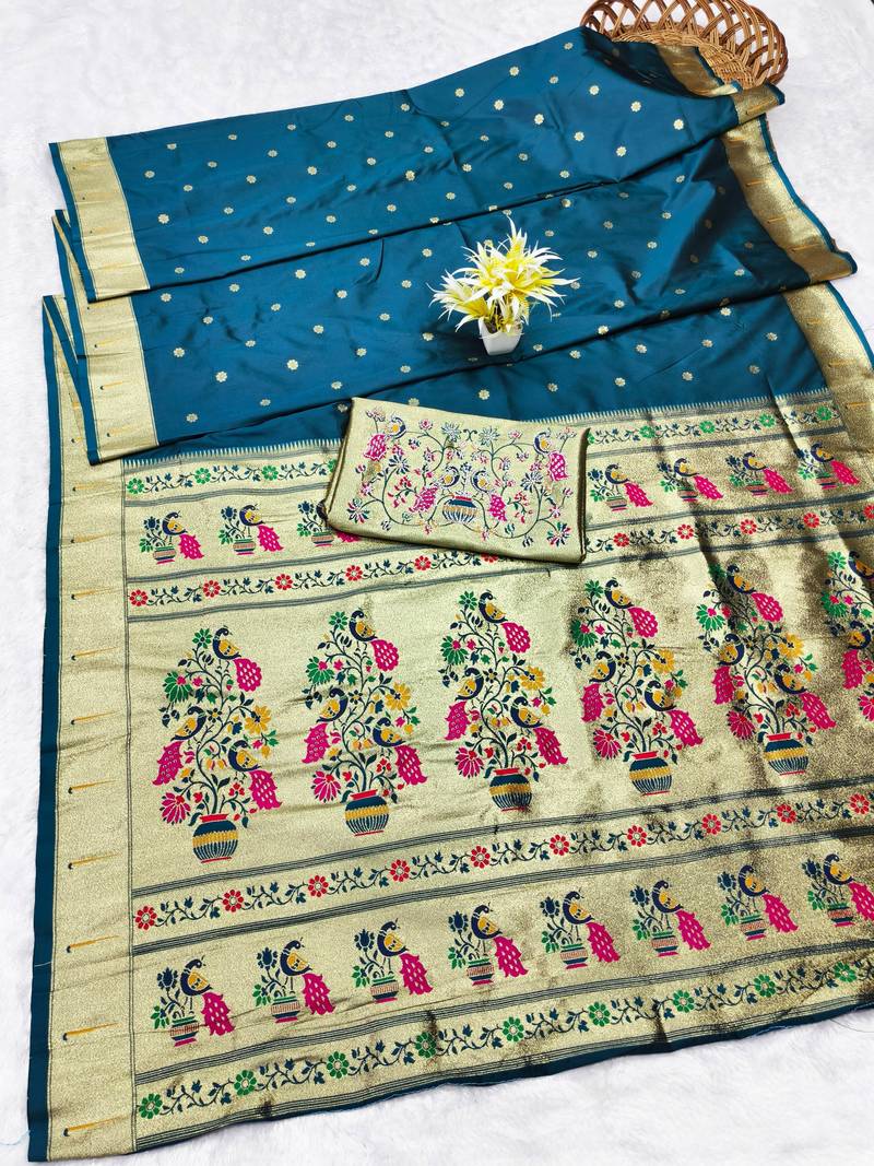firozi zari woven paithani silk blend traditional saree with swarovski blouse piece