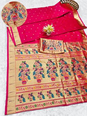 rani zari woven paithani silk blend traditional saree with swarovski blouse piece 1